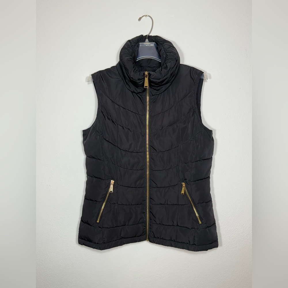 Calvin Klein Women's Black Puffer Vest Gold Hardware Zip Up Size S